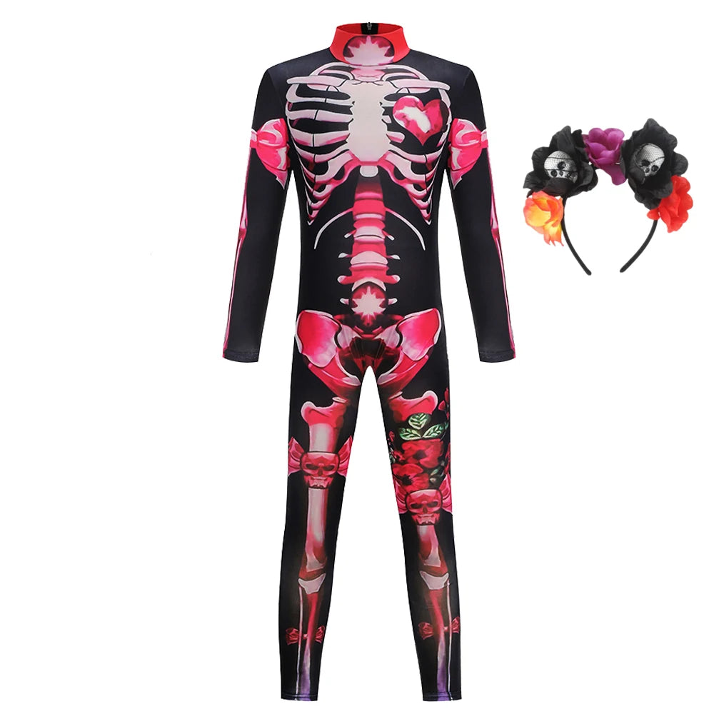 Combinaison squelette pour filles, costume de cosplay d'Halloween, combinaison gothique de mariée fantôme, vêtements de fête pour enfants