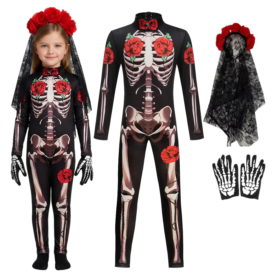 Combinaison squelette pour filles, costume de cosplay d'Halloween, combinaison gothique de mariée fantôme, vêtements de fête pour enfants